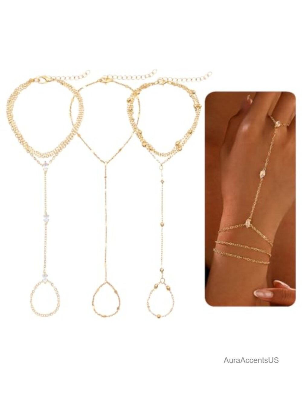 14K Gold Plated Hand Chain Bracelet Set with Cubic Zirconia | Dainty Ring